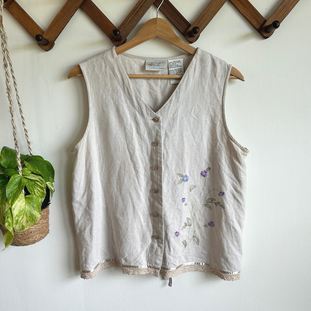 Kathie Lee Collection Linen Blend Embroidered Floral Vest Beige Medium‎ Cottage